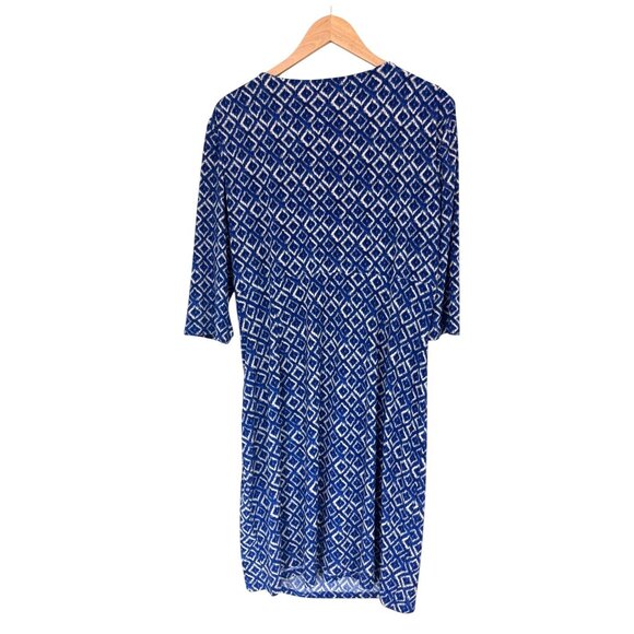 Ralph Lauren Blue Geometric Print Ruched Jersey Dress Size 14 Sheath Stretch - Picture 5 of 9